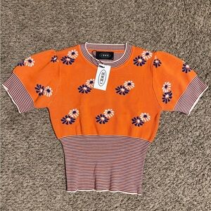 Cider Orange Knit with Blue Floral Design